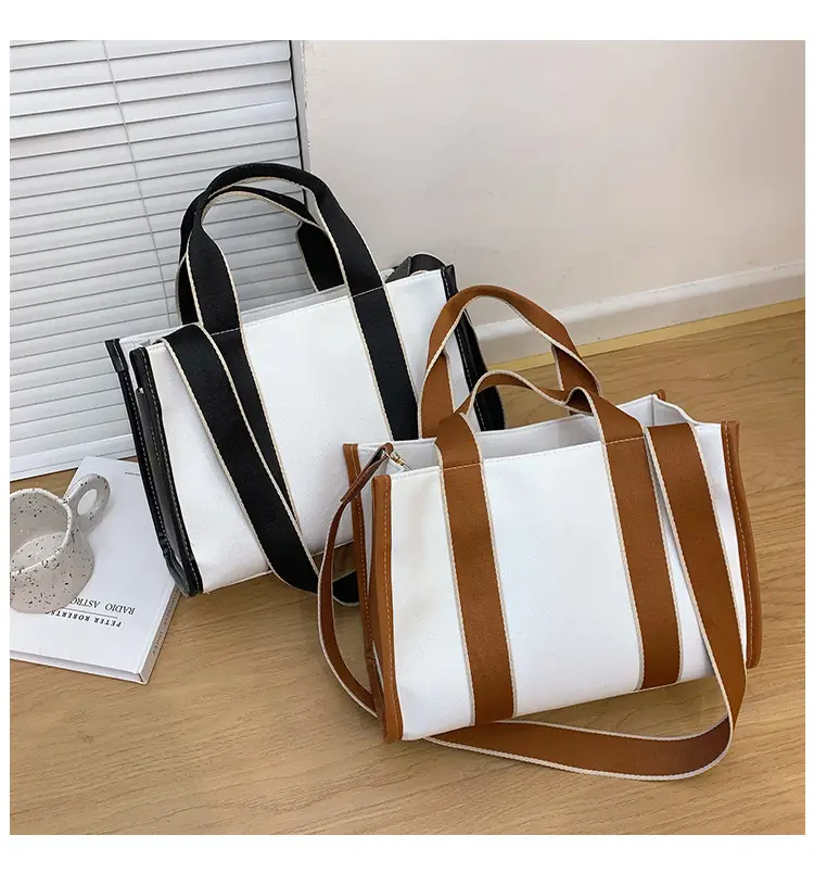Women's Canvas Tote Bag Black White Striped Large Capacity — feature 13