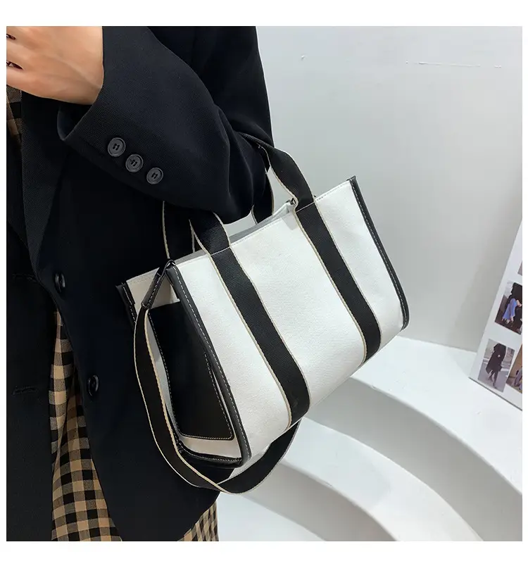 Women's Canvas Tote Bag Black White Striped Large Capacity — feature 14