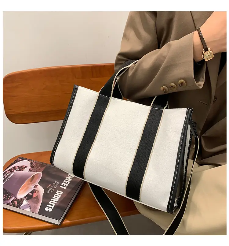 Women's Canvas Tote Bag Black White Striped Large Capacity — feature 16