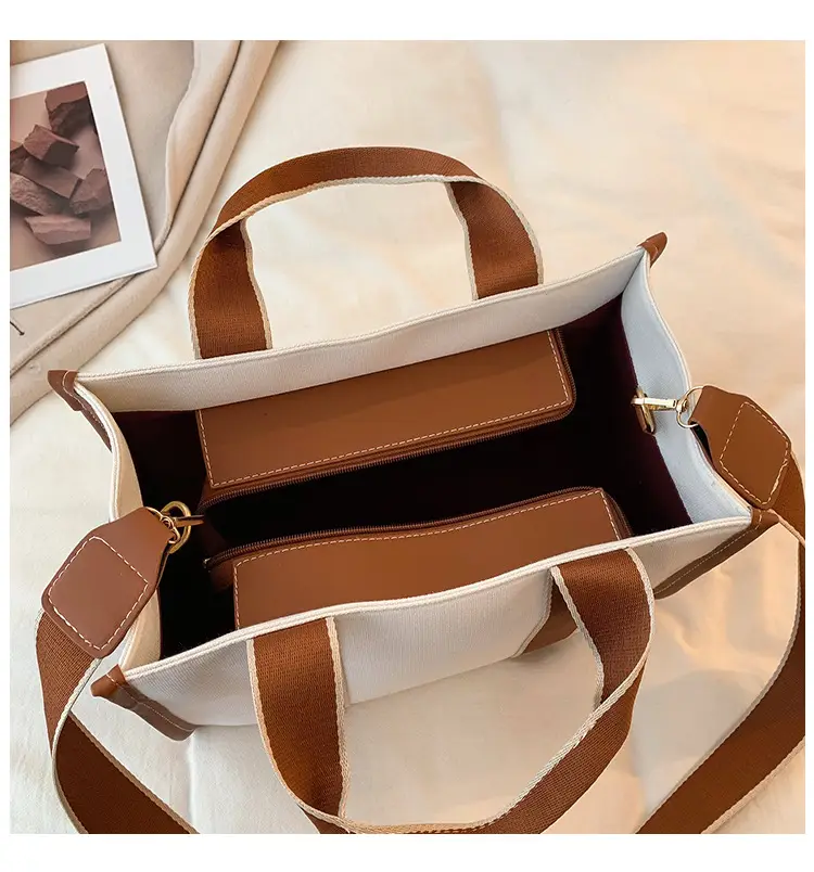 Women's Canvas Tote Bag Black White Striped Large Capacity — feature 17