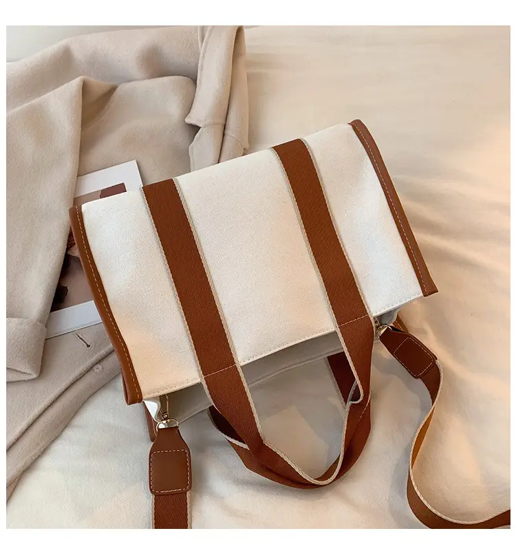 Women's Canvas Tote Bag Black White Striped Large Capacity — feature 19