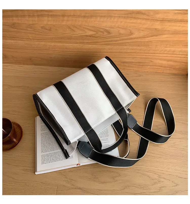 Women's Canvas Tote Bag Black White Striped Large Capacity — feature 21
