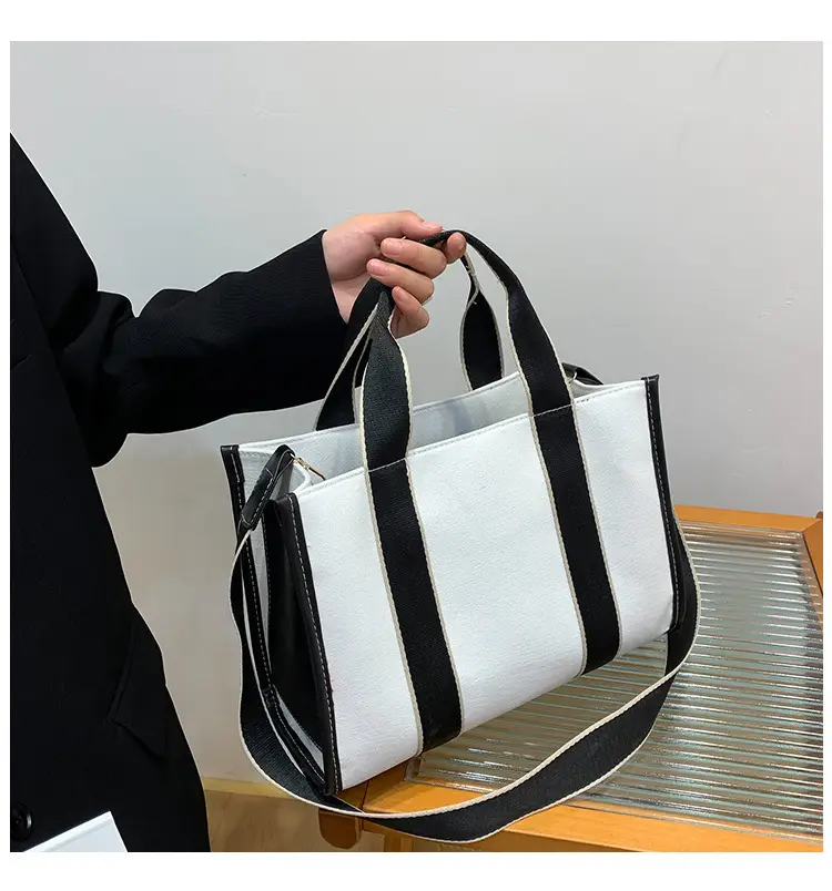 Women's Canvas Tote Bag Black White Striped Large Capacity — feature 22
