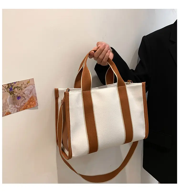 Women's Canvas Tote Bag Black White Striped Large Capacity — feature 23