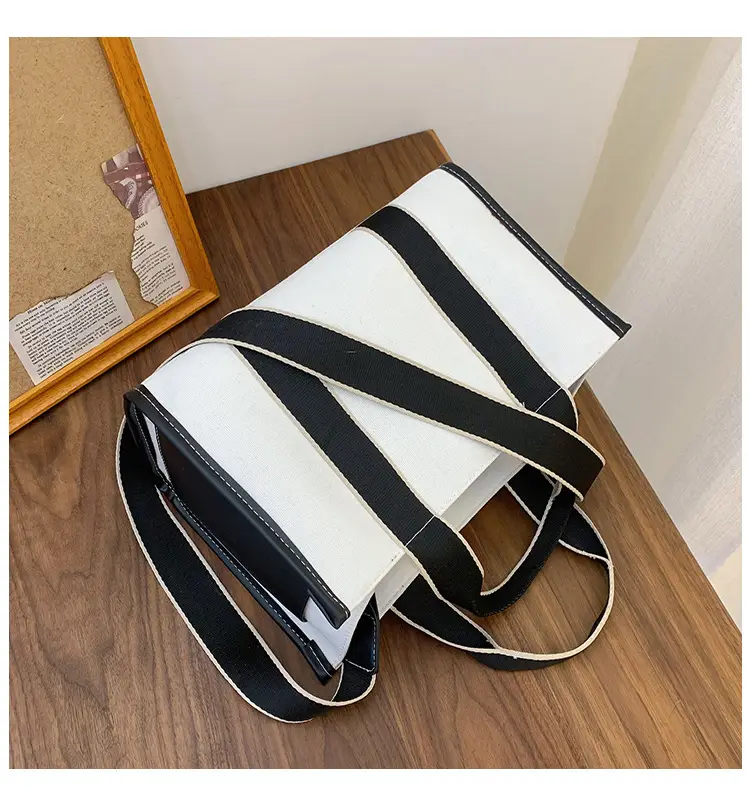 Women's Canvas Tote Bag Black White Striped Large Capacity — feature 26