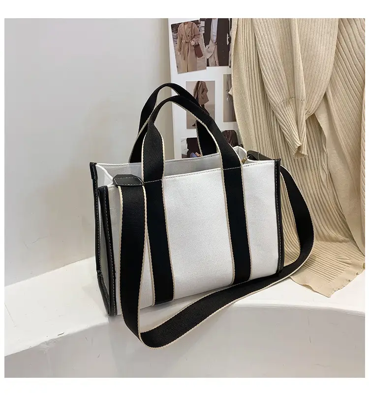 Women's Canvas Tote Bag Black White Striped Large Capacity — feature 28