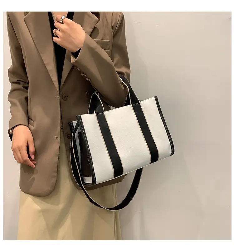 Women's Canvas Tote Bag Black White Striped Large Capacity — feature 29