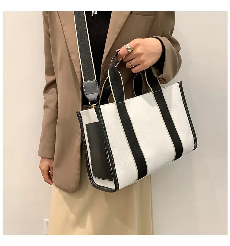 Women's Canvas Tote Bag Black White Striped Large Capacity — feature 30