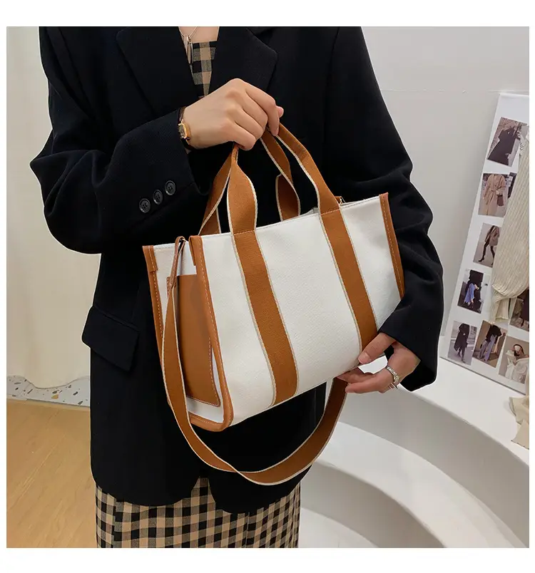 Women's Canvas Tote Bag Black White Striped Large Capacity — feature 31