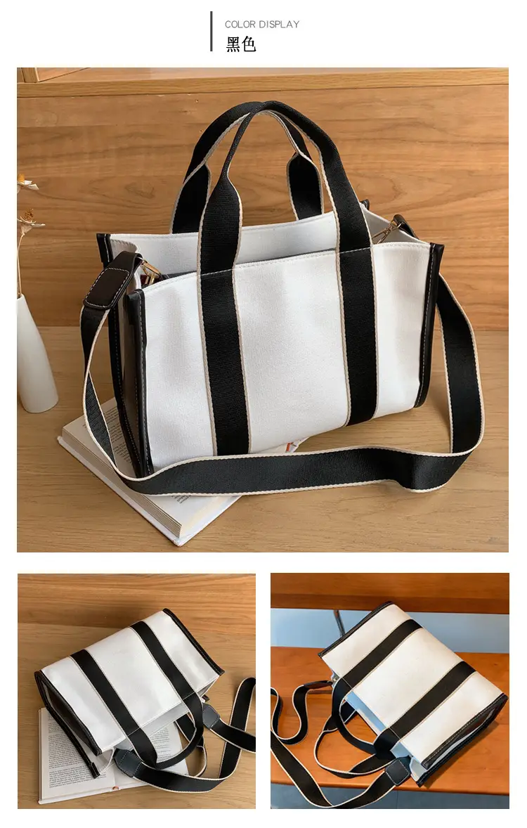 Women's Canvas Tote Bag Black White Striped Large Capacity — feature 5