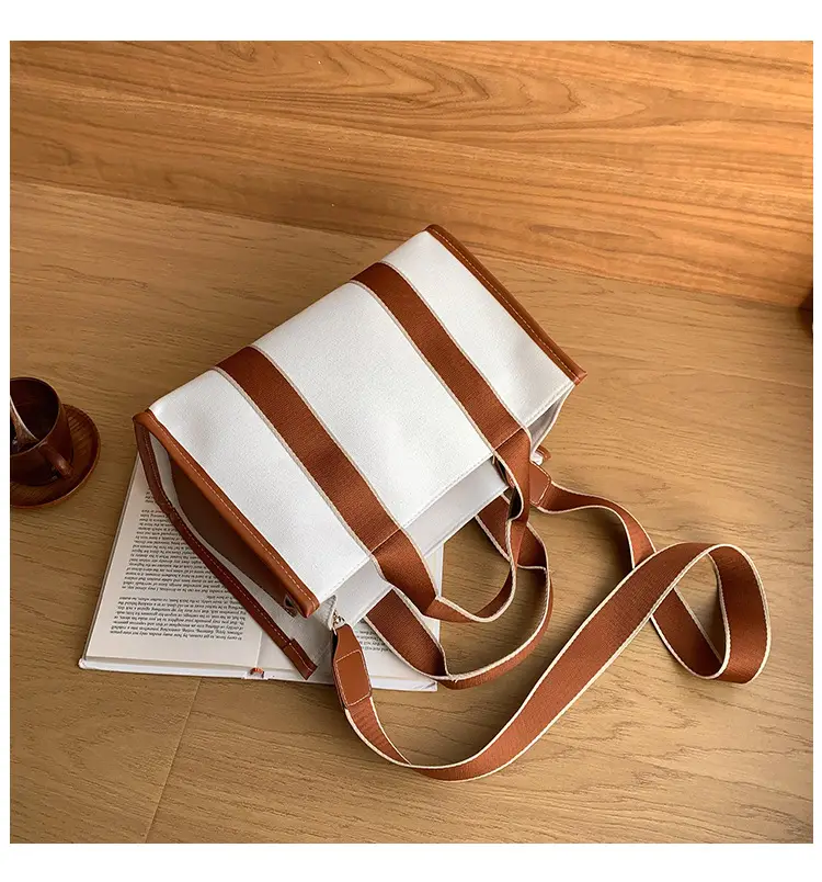 Women's Canvas Tote Bag Black White Striped Large Capacity — feature 6