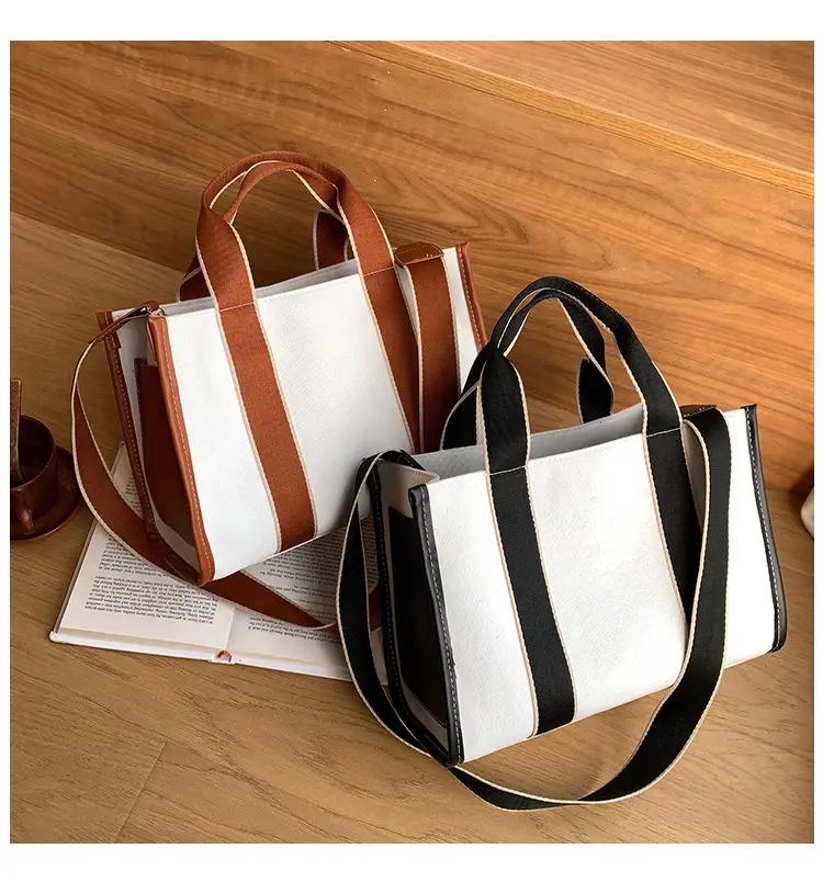 Women's Canvas Tote Bag Black White Striped Large Capacity — feature 7