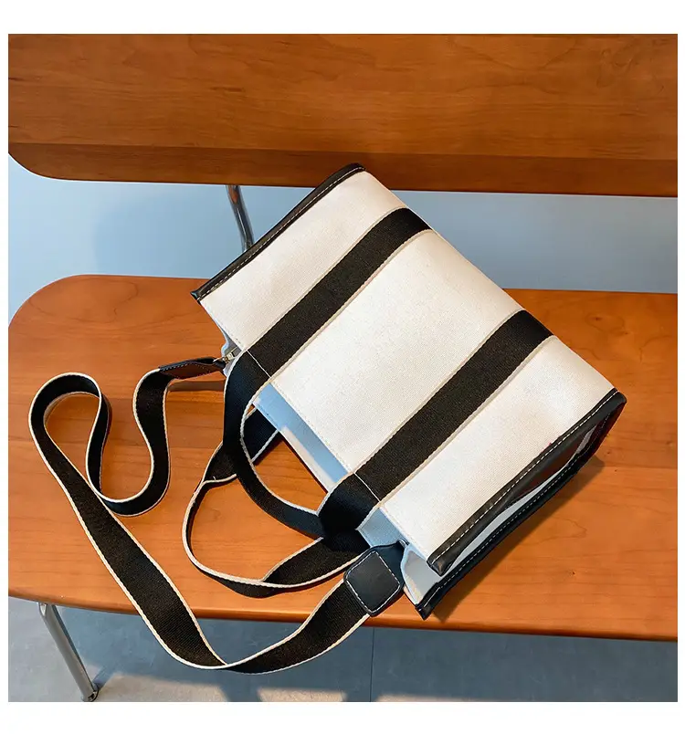 Women's Canvas Tote Bag Black White Striped Large Capacity — feature 8