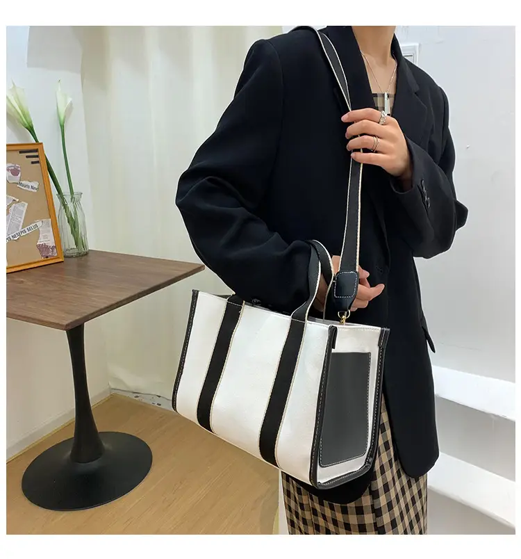 Women's Canvas Tote Bag Black White Striped Large Capacity — feature 9