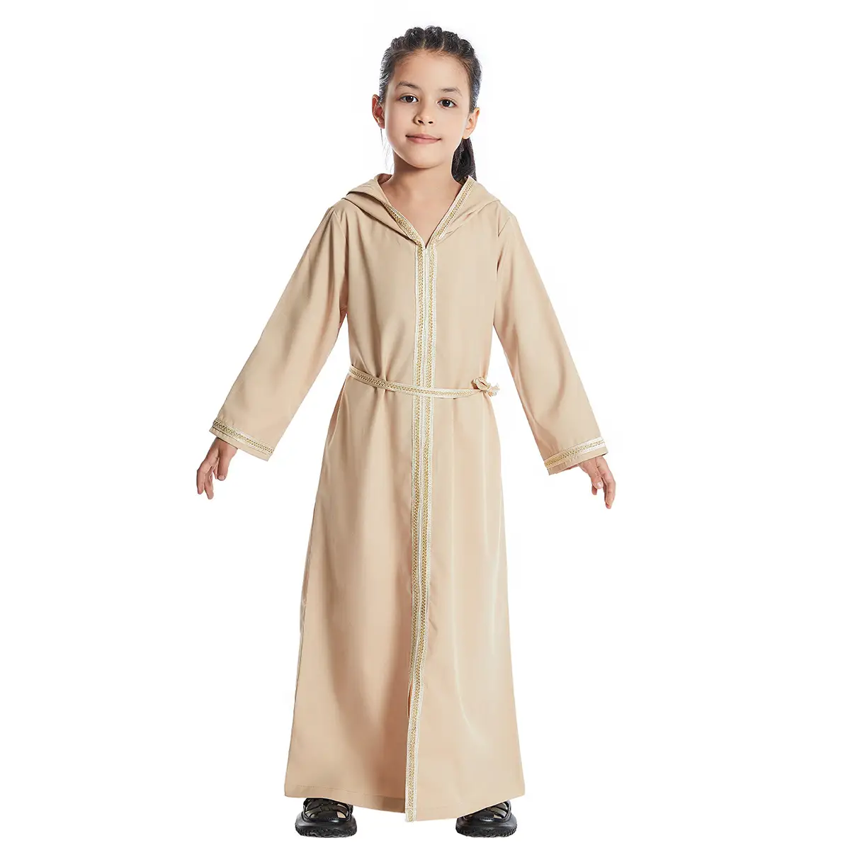 Factory Spot Girls' Hooded Ethnic Dress Solid Color Medium Large - Image 3