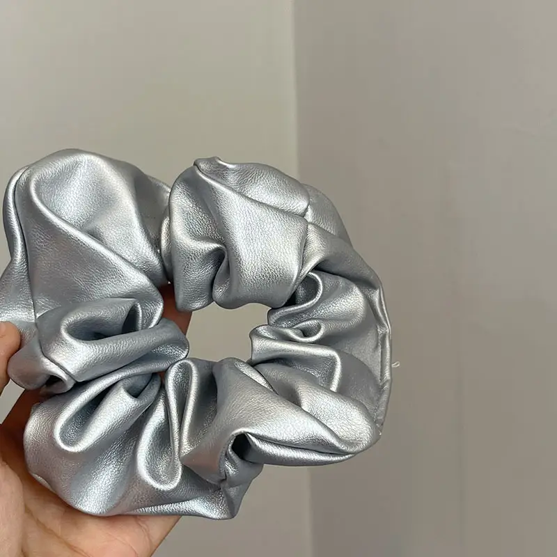 Silver Leather Hair Ring for Women Large Ponytail Hair Rubber Band - Image 7