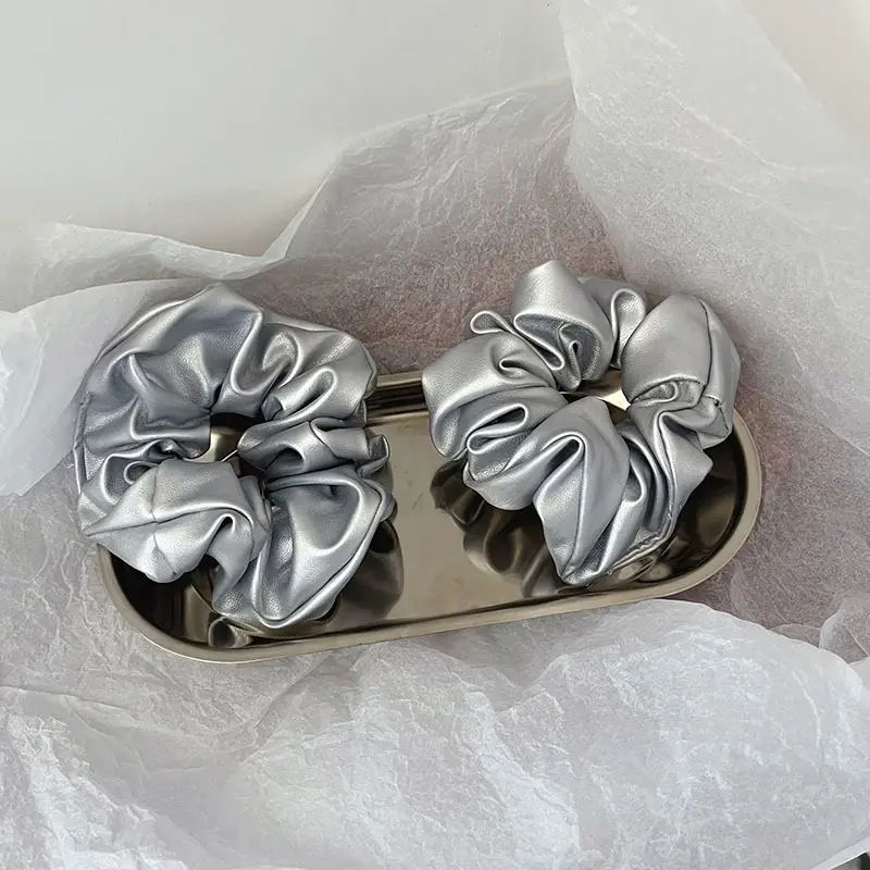 Silver Leather Hair Ring for Women Large Ponytail Hair Rubber Band - Image 8