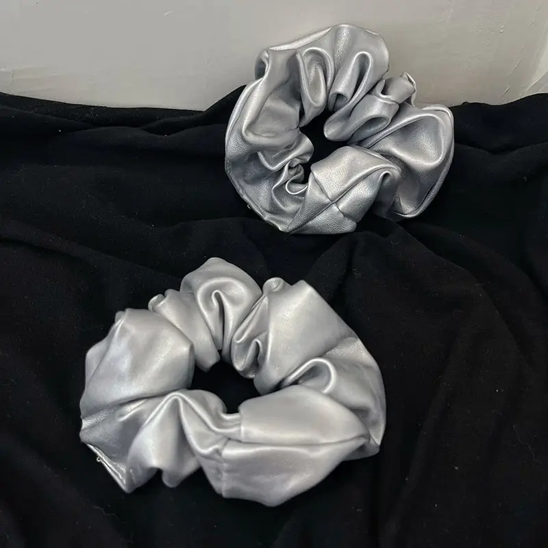 Silver Leather Hair Ring for Women Large Ponytail Hair Rubber Band — feature 1