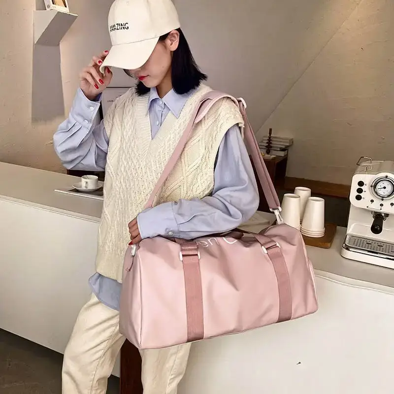 Pink Leather Travel Bag Large Capacity Shoulder Sports Fitness Bag - Image 4