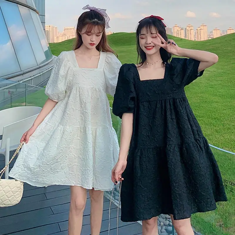 Summer 2023 New French Sweet Square Collar Puff Sleeve A- High Waist Slimming Loose Girlfriend Dress Women - Image 5