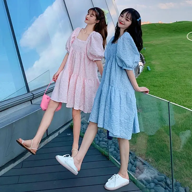 Summer 2023 New French Sweet Square Collar Puff Sleeve A- High Waist Slimming Loose Girlfriend Dress Women - Image 7