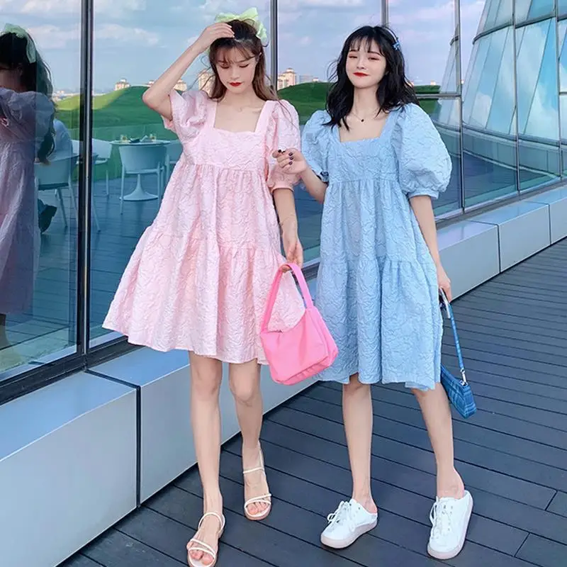 Summer 2023 New French Sweet Square Collar Puff Sleeve A- High Waist Slimming Loose Girlfriend Dress Women - Image 8