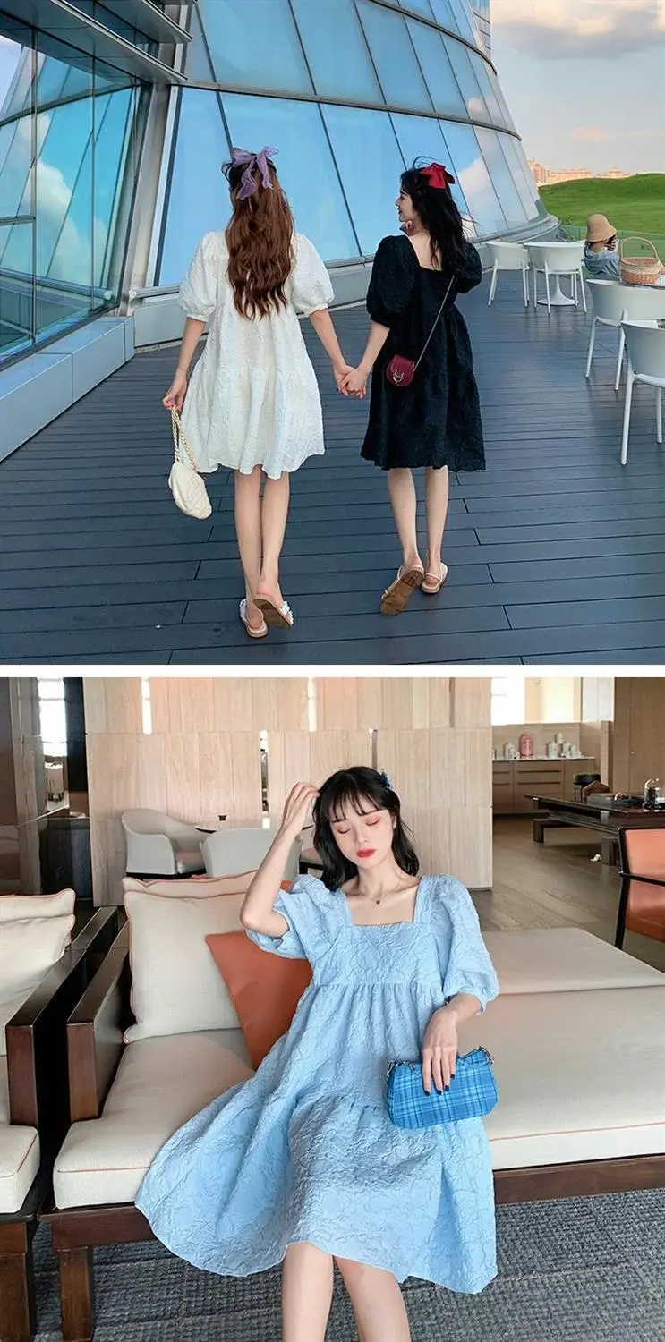 Summer 2023 New French Sweet Square Collar Puff Sleeve A- High Waist Slimming Loose Girlfriend Dress Women — feature 10