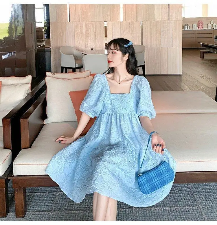 Summer 2023 New French Sweet Square Collar Puff Sleeve A- High Waist Slimming Loose Girlfriend Dress Women — feature 11