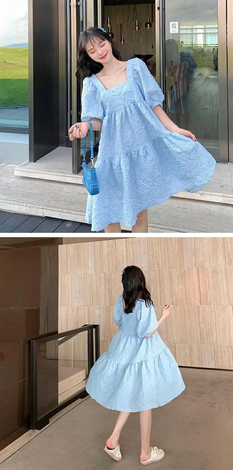Summer 2023 New French Sweet Square Collar Puff Sleeve A- High Waist Slimming Loose Girlfriend Dress Women — feature 12