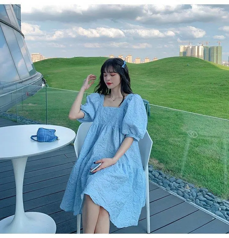 Summer 2023 New French Sweet Square Collar Puff Sleeve A- High Waist Slimming Loose Girlfriend Dress Women — feature 13