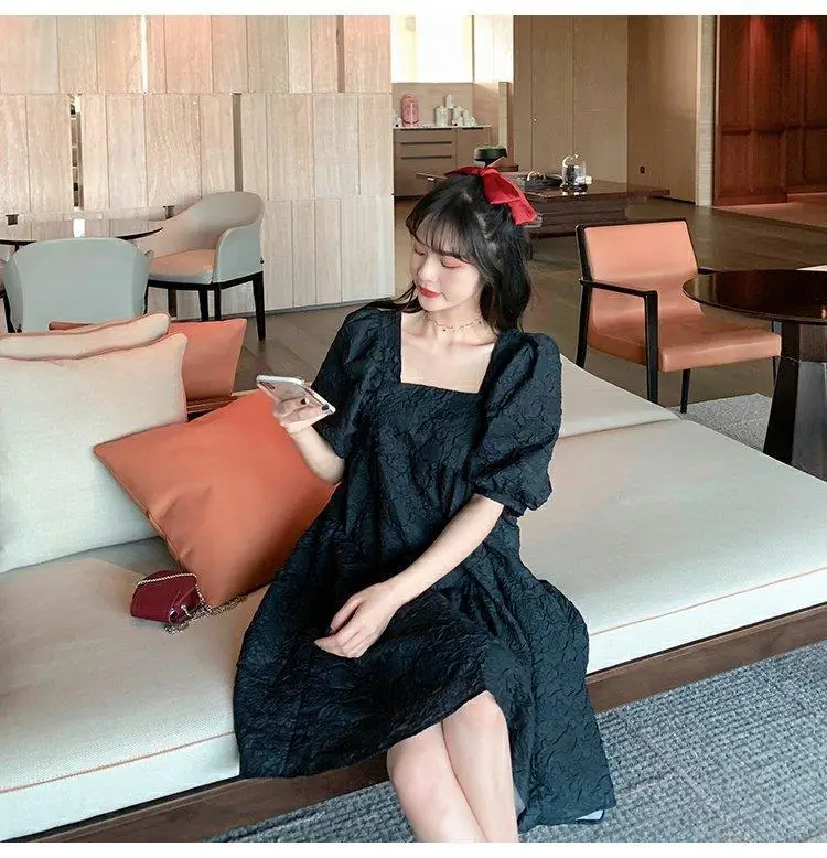 Summer 2023 New French Sweet Square Collar Puff Sleeve A- High Waist Slimming Loose Girlfriend Dress Women — feature 14