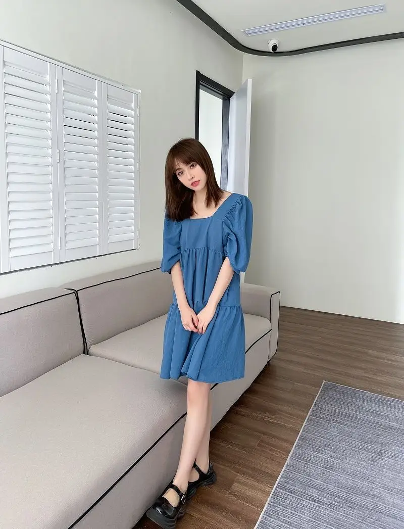 Summer 2023 New French Sweet Square Collar Puff Sleeve A- High Waist Slimming Loose Girlfriend Dress Women — feature 15