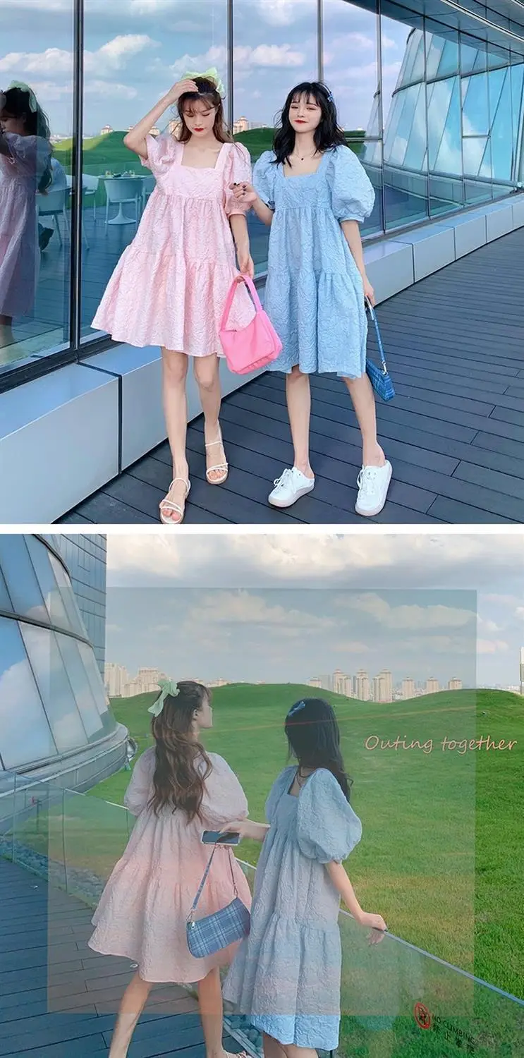 Summer 2023 New French Sweet Square Collar Puff Sleeve A- High Waist Slimming Loose Girlfriend Dress Women — feature 2