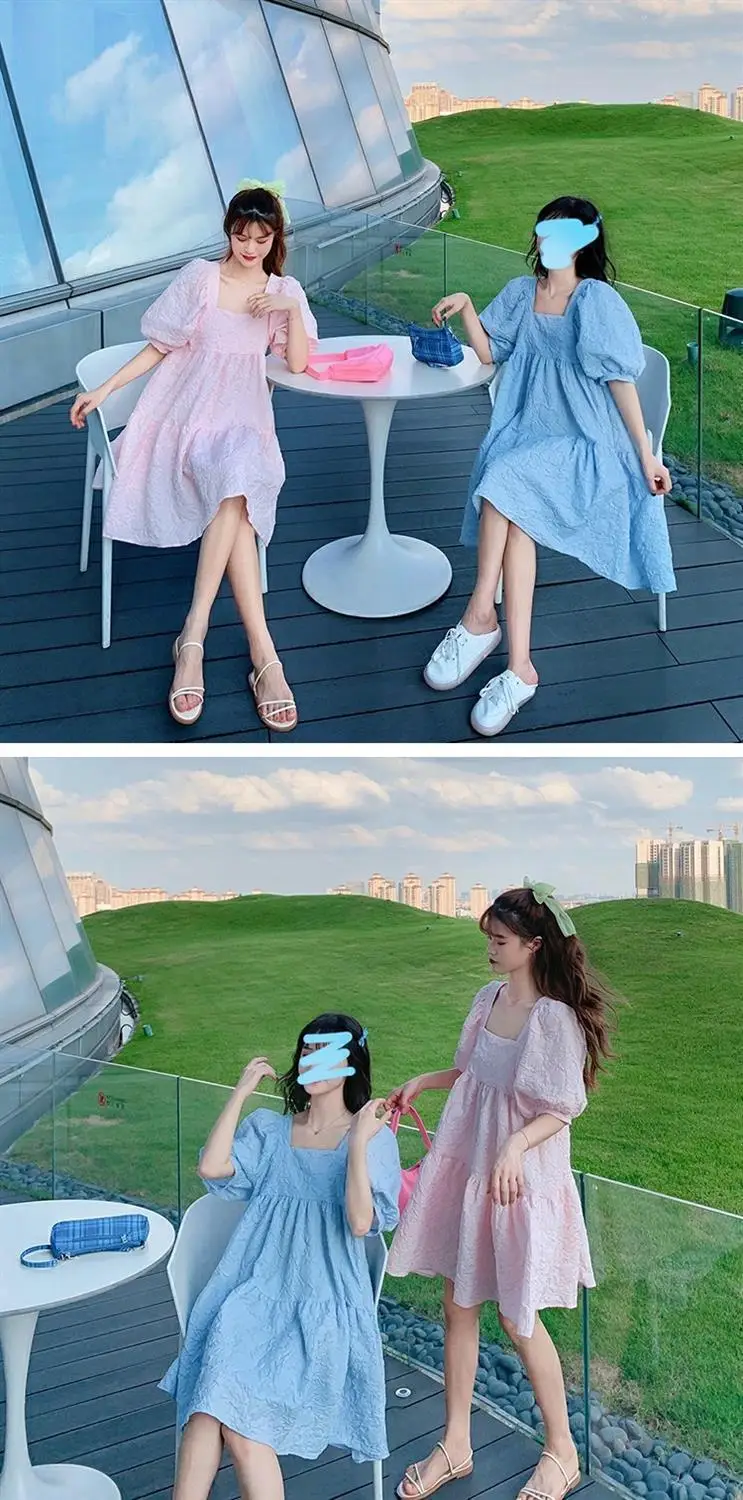 Summer 2023 New French Sweet Square Collar Puff Sleeve A- High Waist Slimming Loose Girlfriend Dress Women — feature 4