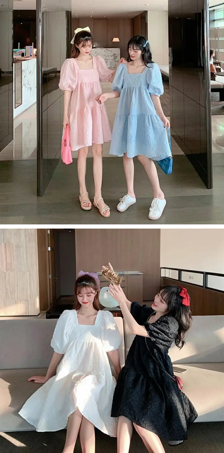 Summer 2023 New French Sweet Square Collar Puff Sleeve A- High Waist Slimming Loose Girlfriend Dress Women — feature 6