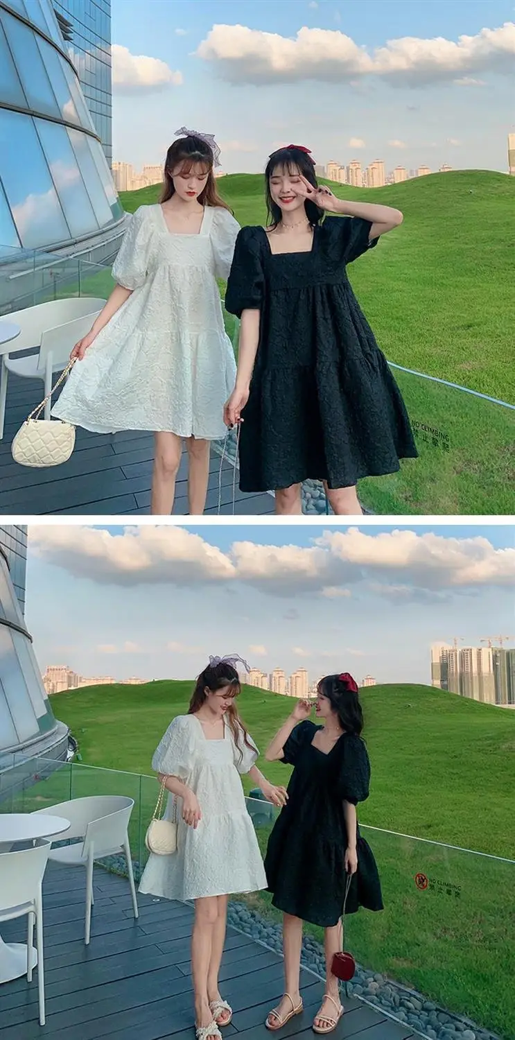Summer 2023 New French Sweet Square Collar Puff Sleeve A- High Waist Slimming Loose Girlfriend Dress Women — feature 8