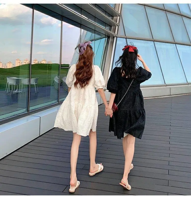 Summer 2023 New French Sweet Square Collar Puff Sleeve A- High Waist Slimming Loose Girlfriend Dress Women — feature 9