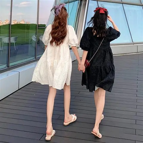 Summer 2023 New French Sweet Square Collar Puff Sleeve A- High Waist Slimming Loose Girlfriend Dress Women - Image 3