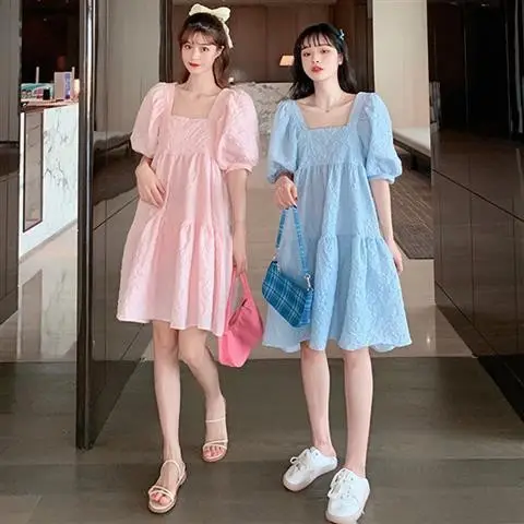 Summer 2023 New French Sweet Square Collar Puff Sleeve A- High Waist Slimming Loose Girlfriend Dress Women - Image 4