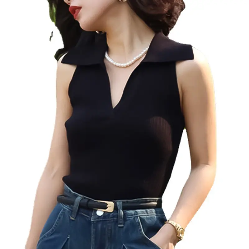 Black Knitted Polo Collar Vest for Women 2024 - Image 7