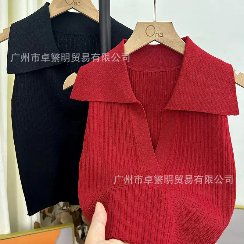 Black Knitted Polo Collar Vest for Women 2024 — feature 36