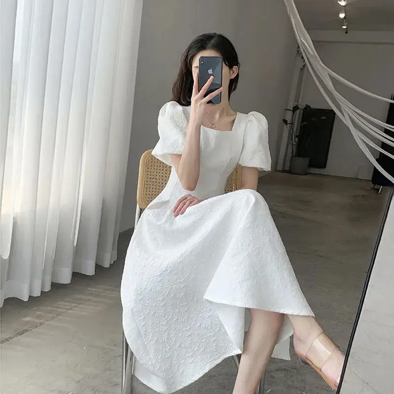White Long Skirt Summer Dress Women Square Collar Slim Fit - Image 3