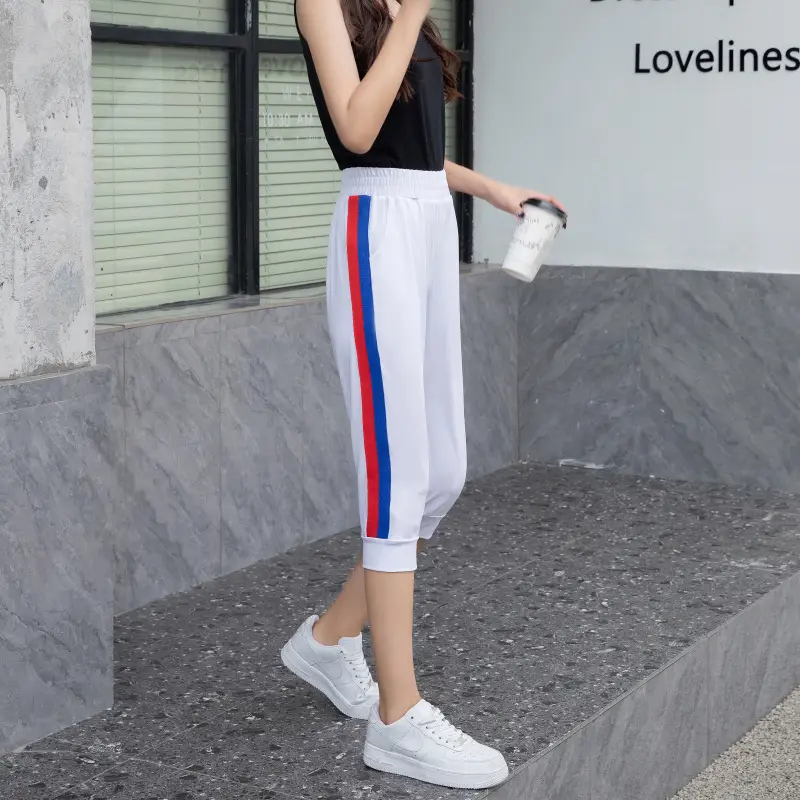 Women Black Striped Cropped Pants High Waist Stretch - Image 3