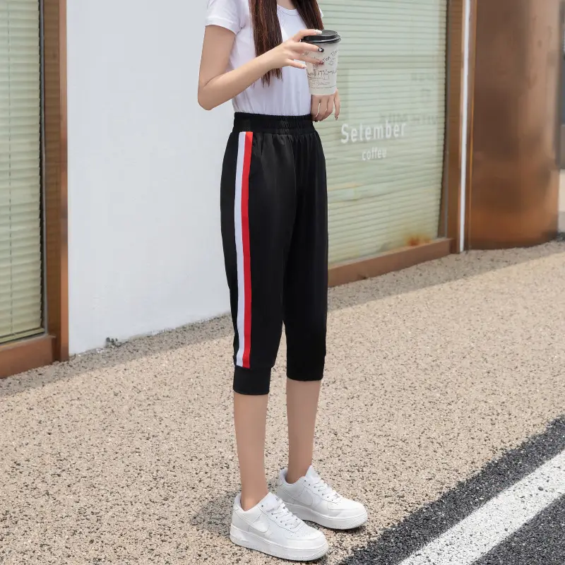 Women Black Striped Cropped Pants High Waist Stretch - Image 4