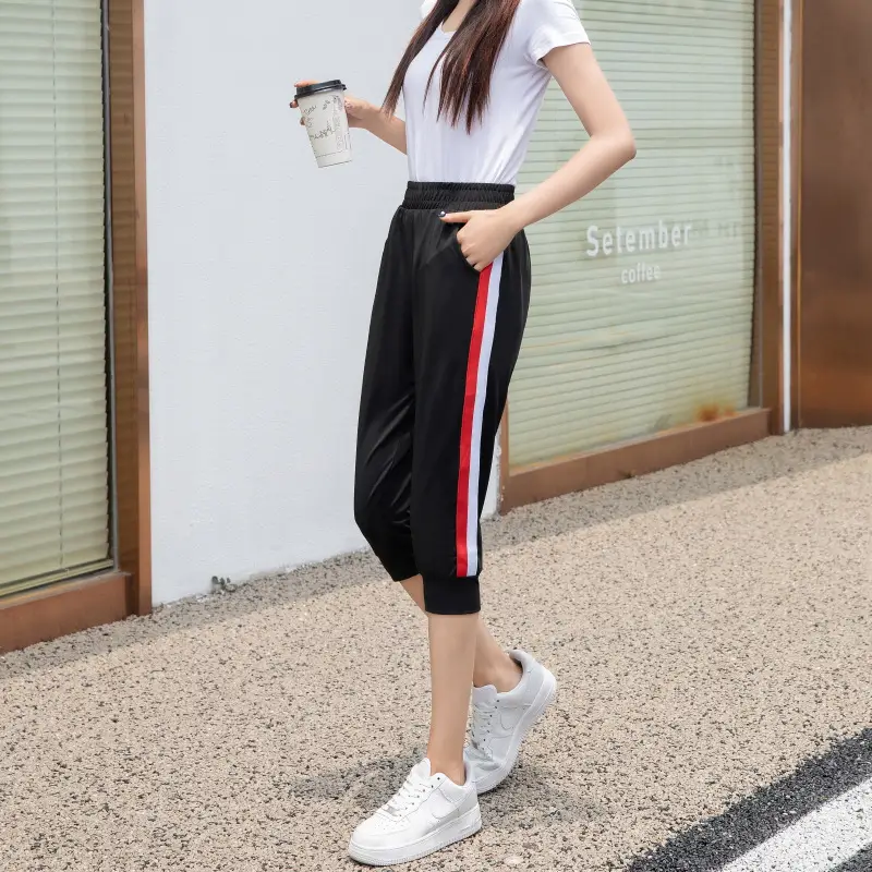 Women Black Striped Cropped Pants High Waist Stretch - Image 6