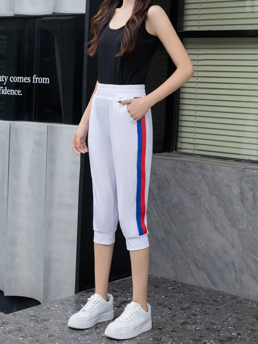 Women Black Striped Cropped Pants High Waist Stretch - Image 7