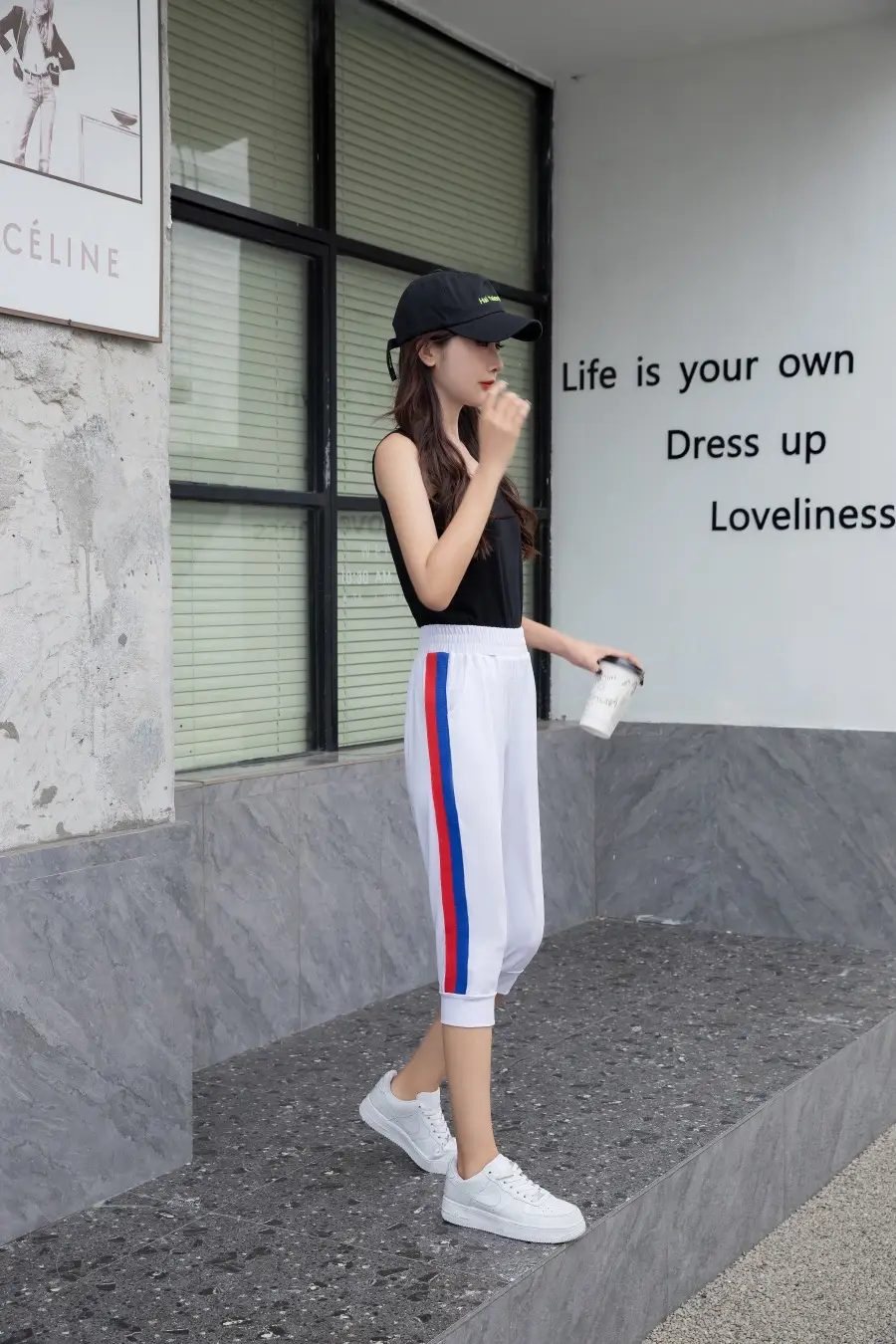 Women Black Striped Cropped Pants High Waist Stretch — feature 1