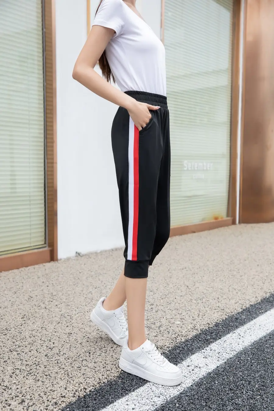 Women Black Striped Cropped Pants High Waist Stretch — feature 10