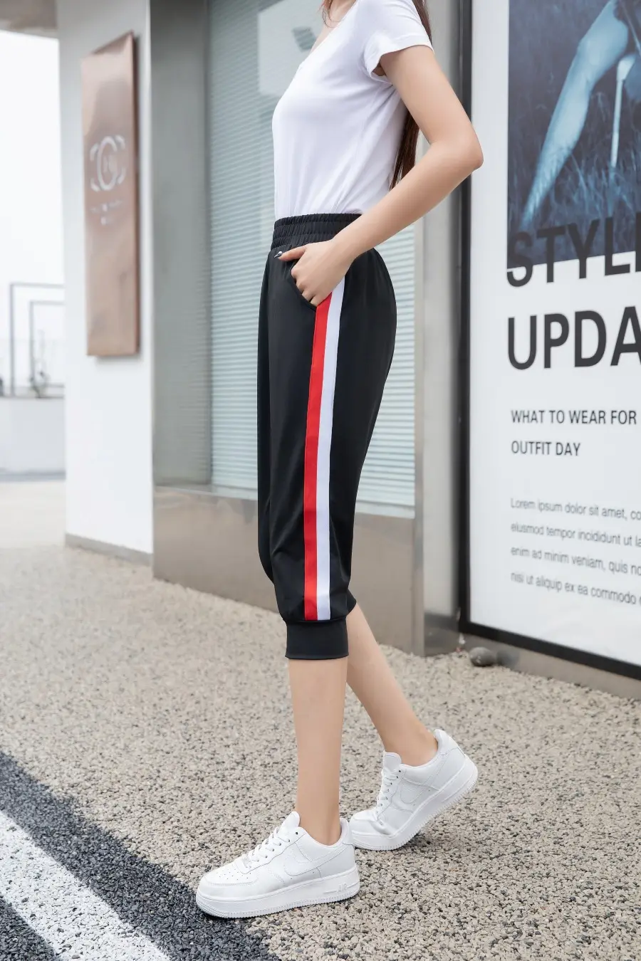 Women Black Striped Cropped Pants High Waist Stretch — feature 11