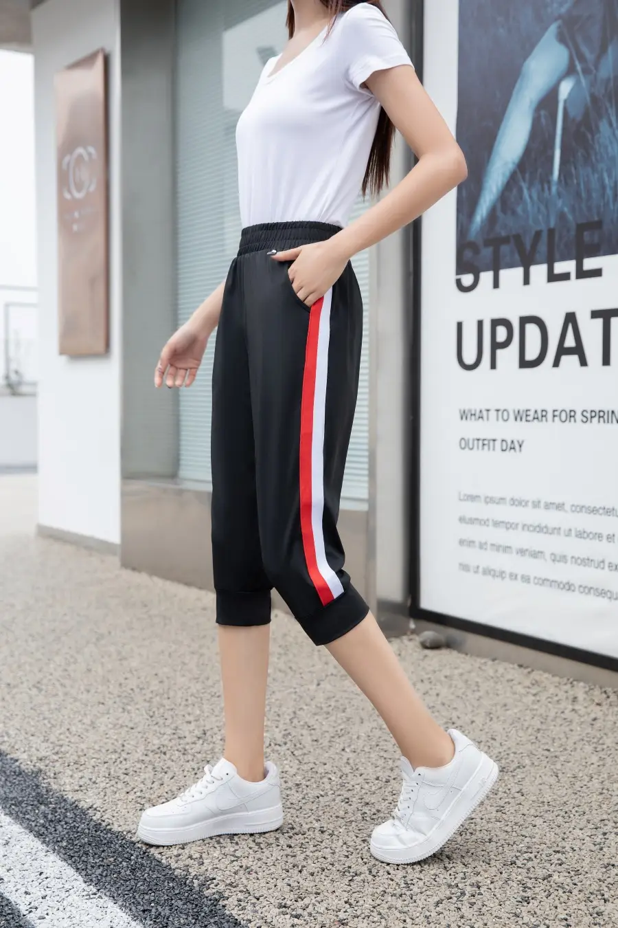 Women Black Striped Cropped Pants High Waist Stretch — feature 12